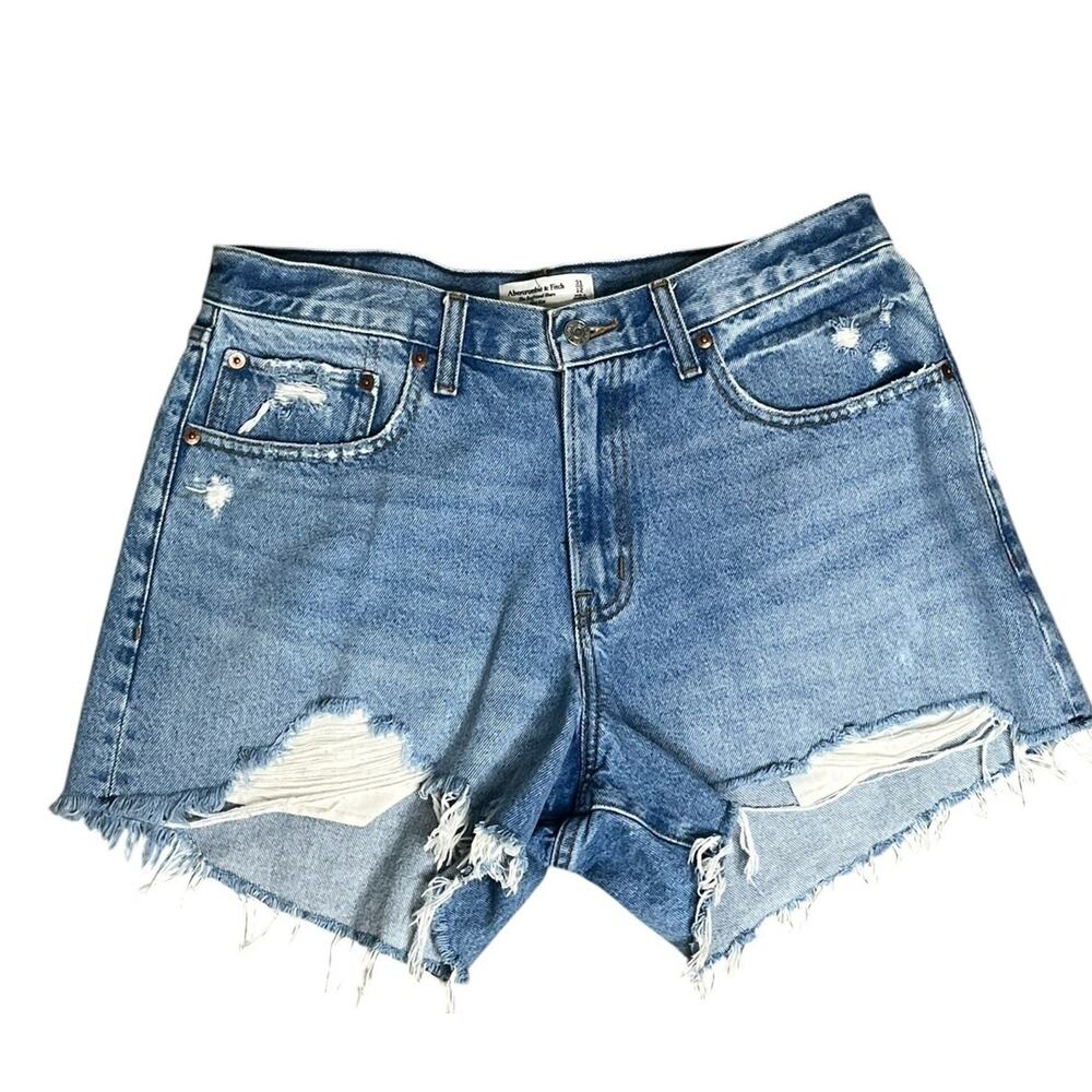Abercrombie & Fit Denim Shorts 31 Distressed Boyfriend Curve Love Raw Hem Boho - Picture 5 of 14